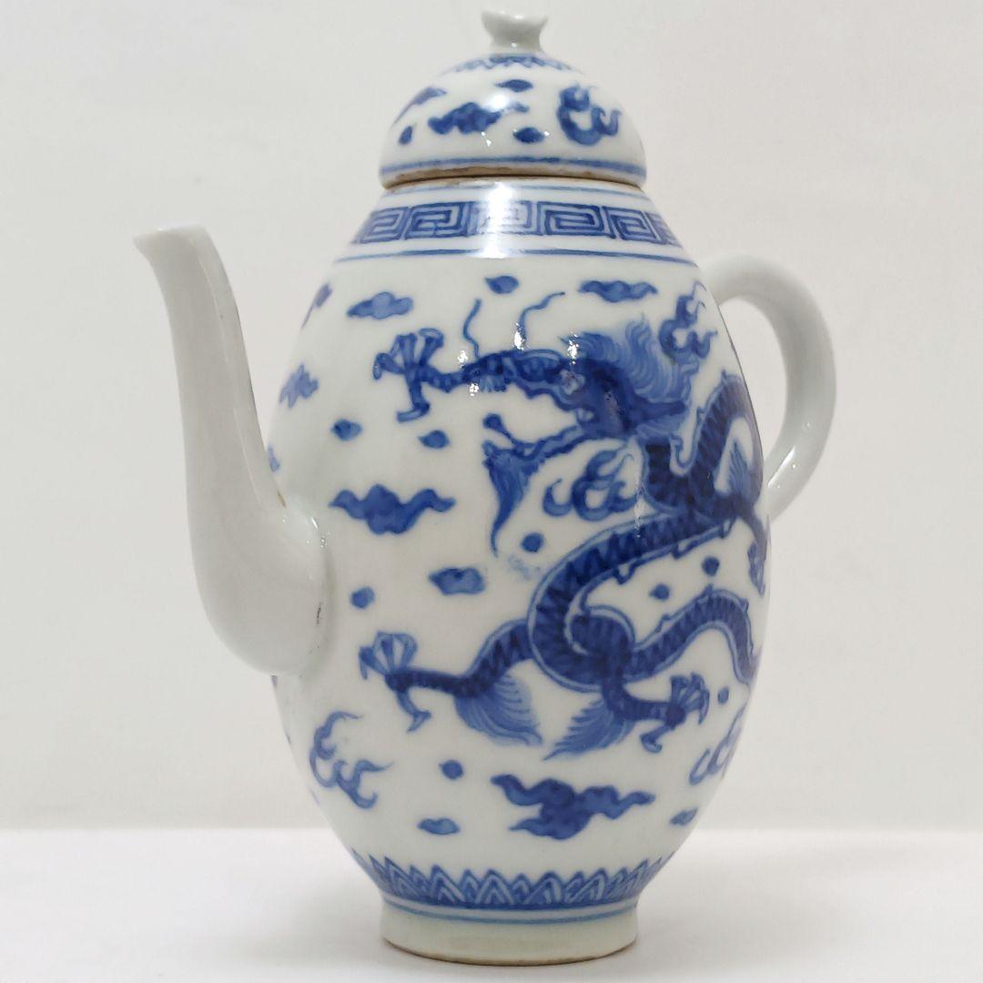 Y2466 清代唐物 新渡 古染付龍細密絵付急須 水注 萬歴年製　ma ten