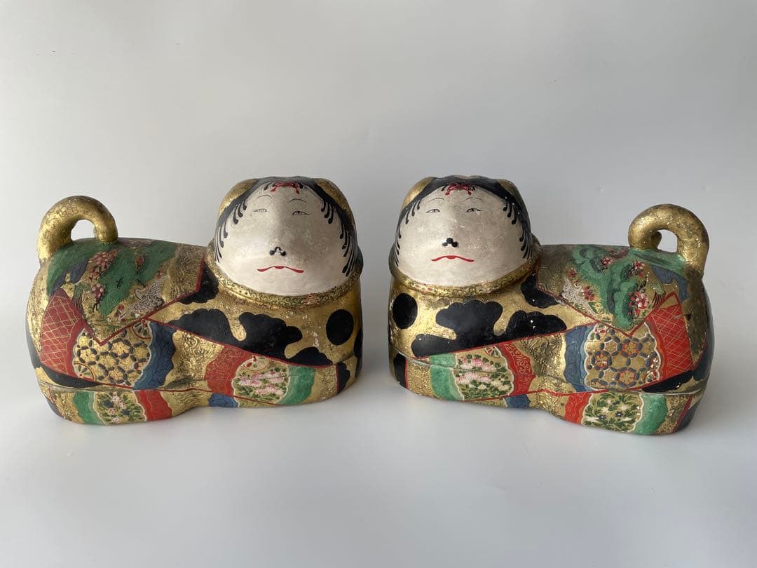 【江戸期】犬筥 一対 大型 24cm 彩色金彩 古美術 骨董品 有職飾り 希少品