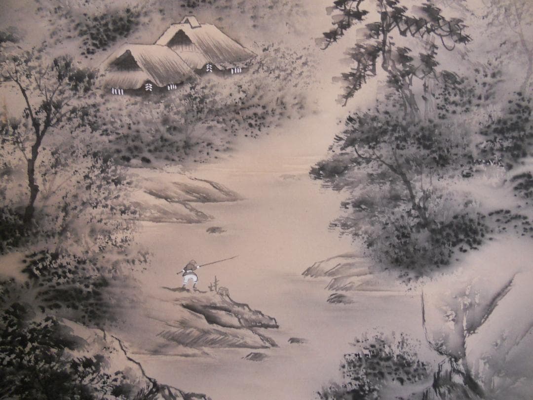 掛け軸 片岡喜峰 水墨山水 絹本 希少 軸装 茶道具 掛軸 共箱 です。