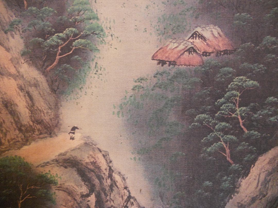 掛け軸 華風 彩色山水 絹本 希少 軸装 茶道具 掛軸 美品 です。