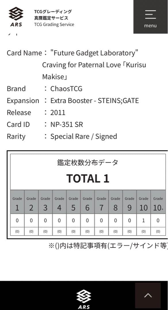 【超希少】 シュタインズゲート　牧瀬紅莉栖　サイン　ars10 椎名まゆり