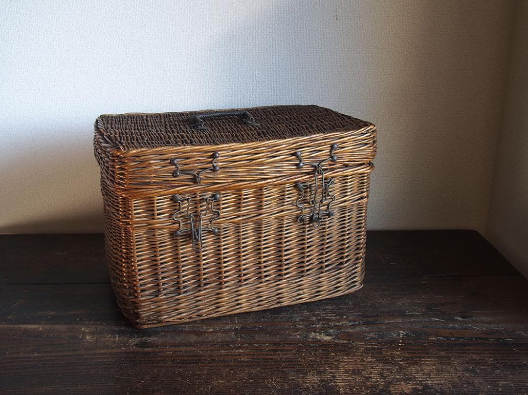 古いバスケット パニエ トランク ピクニック 旅行鞄 収納 欧州/K366