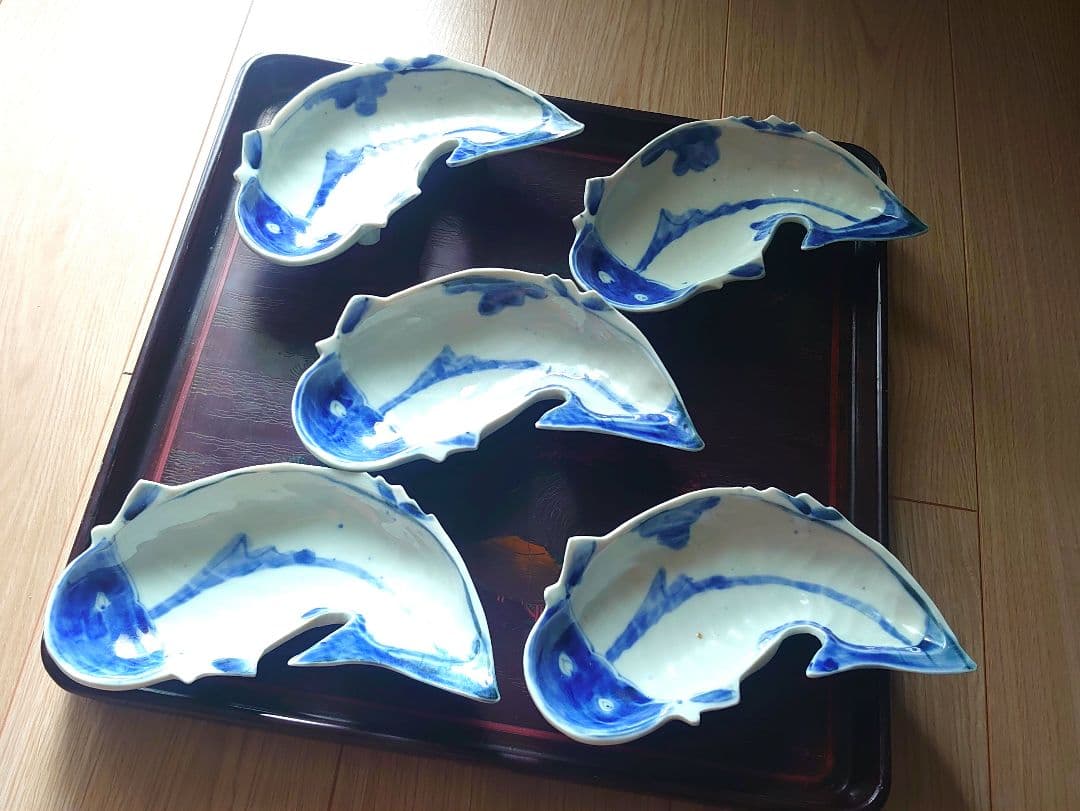 魯山人写 染付 鯰形 向付 5客 鯰形変形向付 箱なし