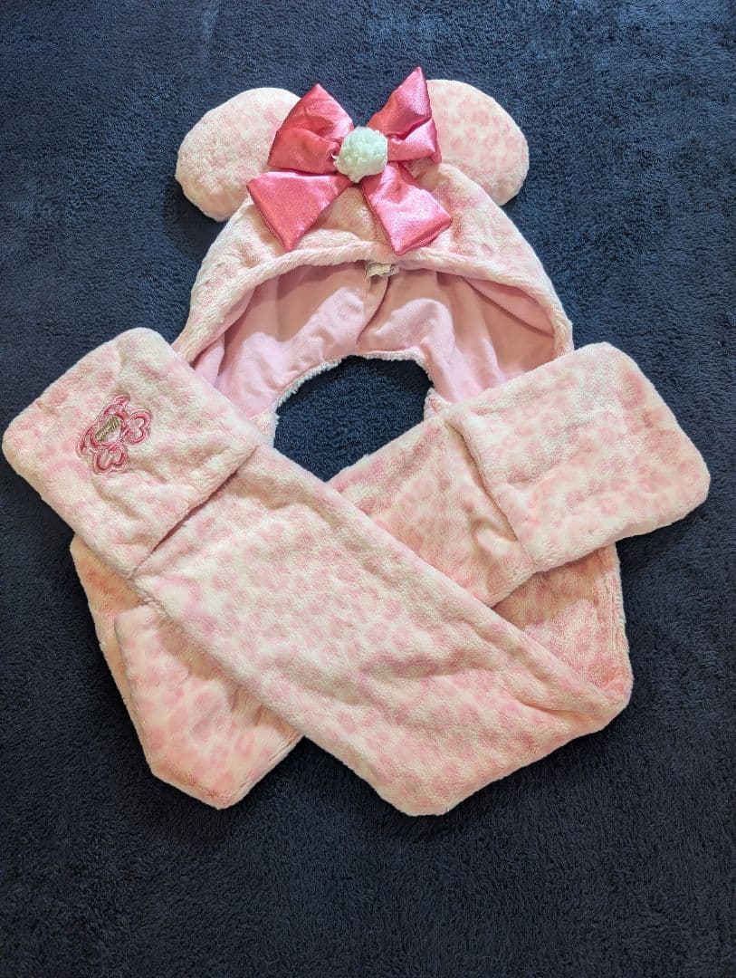 ディズニー　ミニー　マフラーキャップ　ファンキャップ　ピンクヒョウ柄