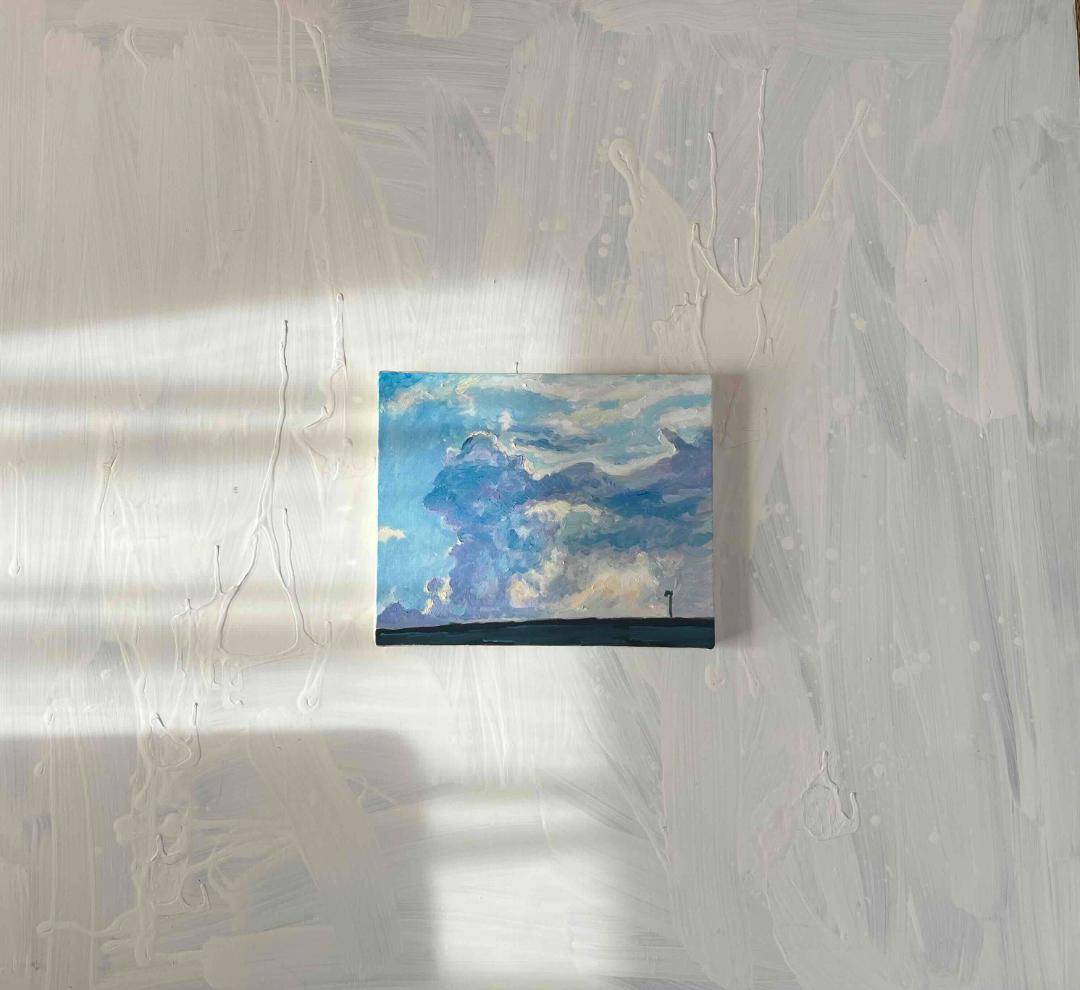 油彩画　原画「近所の風景　高速と神々の記憶が投影された空」F3 アート　絵画