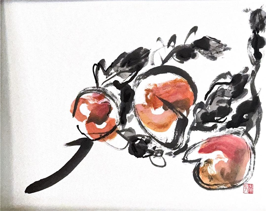 【古口翠芳/Suihou Koguchi】墨彩画　柿　オリジナル　木製額縁付き