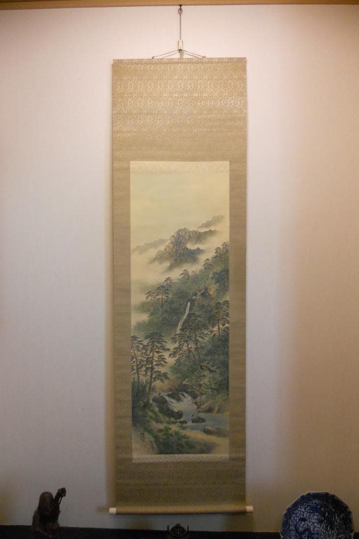 掛け軸 翆城 山水夏画 絹本 希少 軸装 茶道具 掛軸 美品 です。