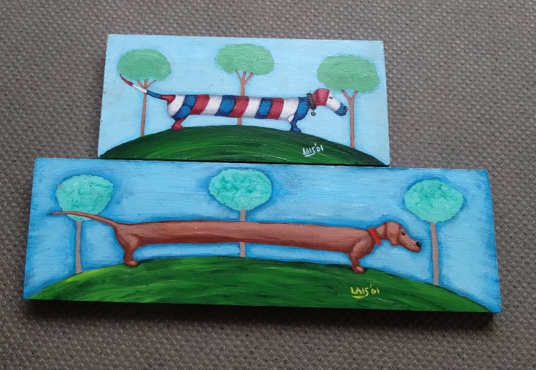 アメリカンヴィンテージ　Ruth Lais 3色柄　ダックスフンド　アクリル絵画