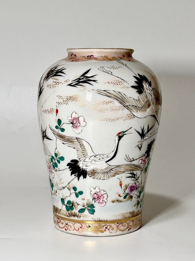 明治瀬戸の名工 加藤繁十 桃花園画 上絵飛鶴文花瓶 其の壱 名古屋絵付 瀬戸