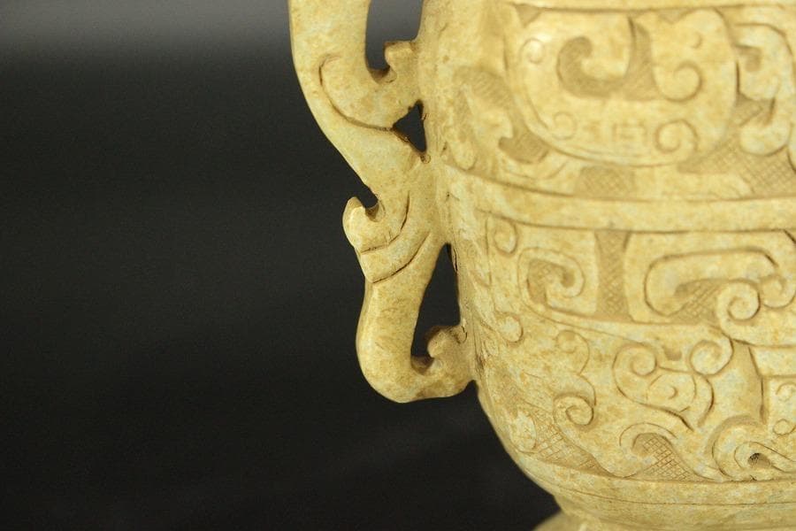 中国美術 砡石 刻 饕餮紋 香炉 置物(ZE575)