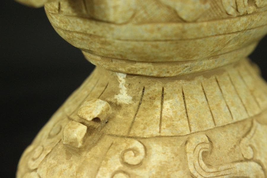 中国美術 砡石 刻 饕餮紋 香炉 置物(ZE575)