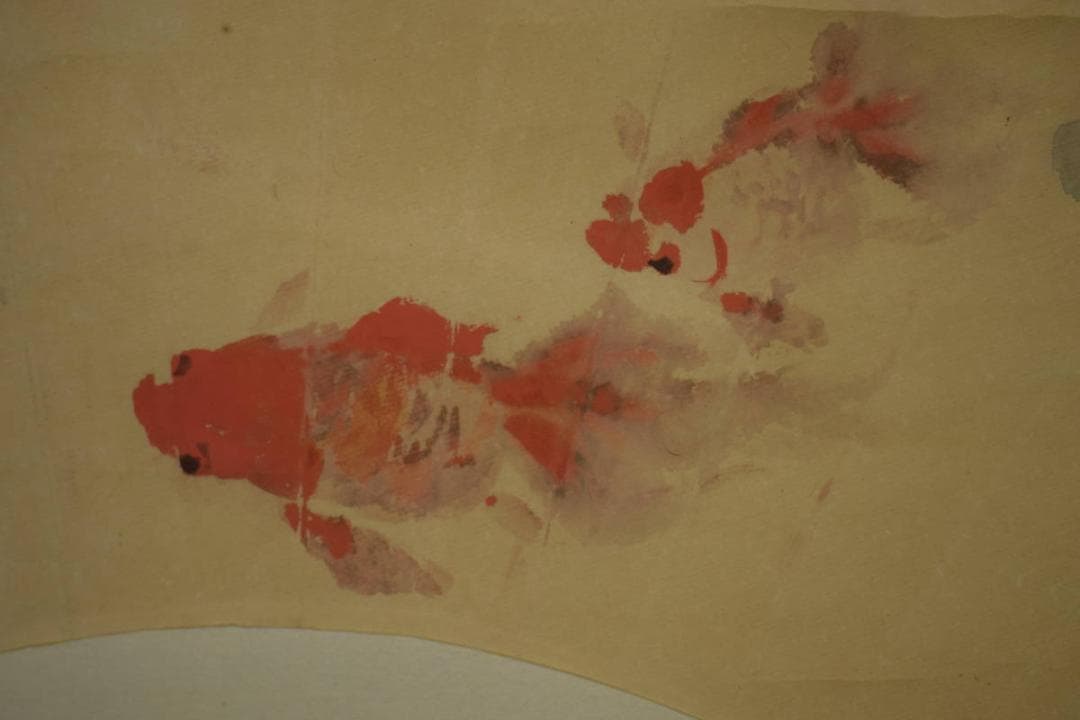 真作/下村為山/金魚画賛/扇面/軸先紫檀/桐極箱付/布袋屋掛軸HI-837