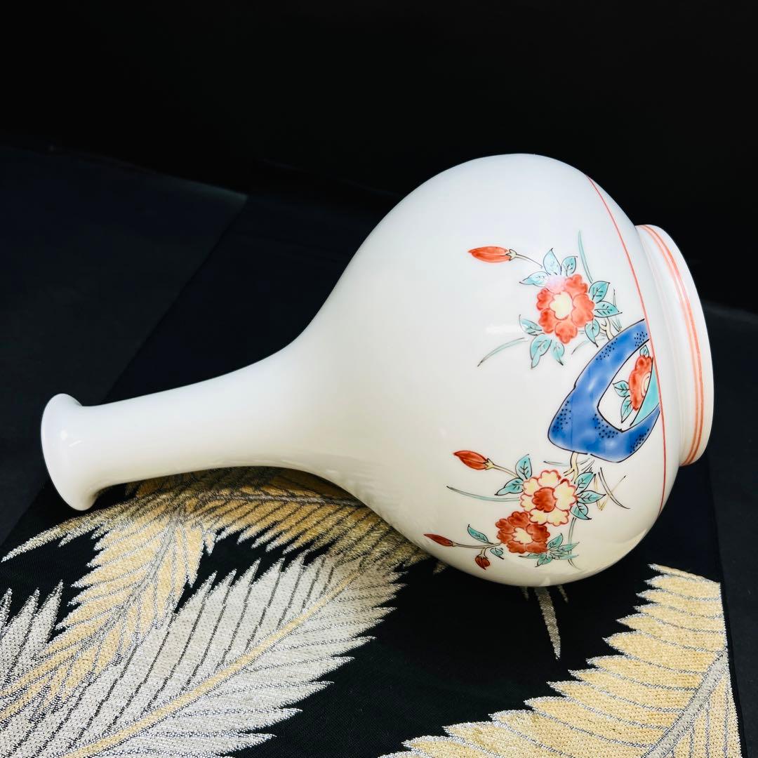 人間国宝　十二代柿右衛門作　赤絵の伝統岩に錦梅双鳳凰文　大花瓶　壺花器　本物保証