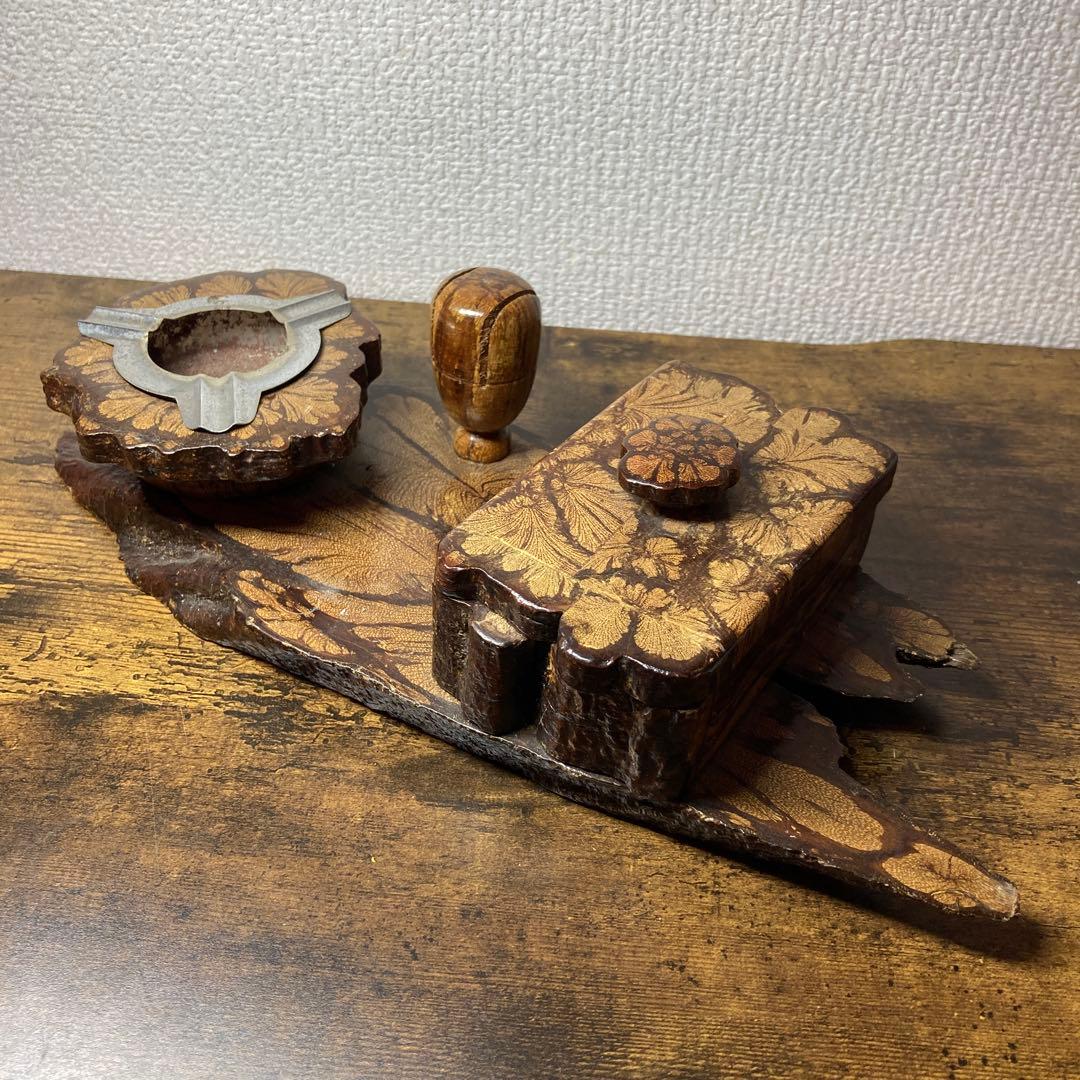 E-壁 【希少】アンティーク 樺細工 天然木 喫煙具セット灰皿・煙草入れ