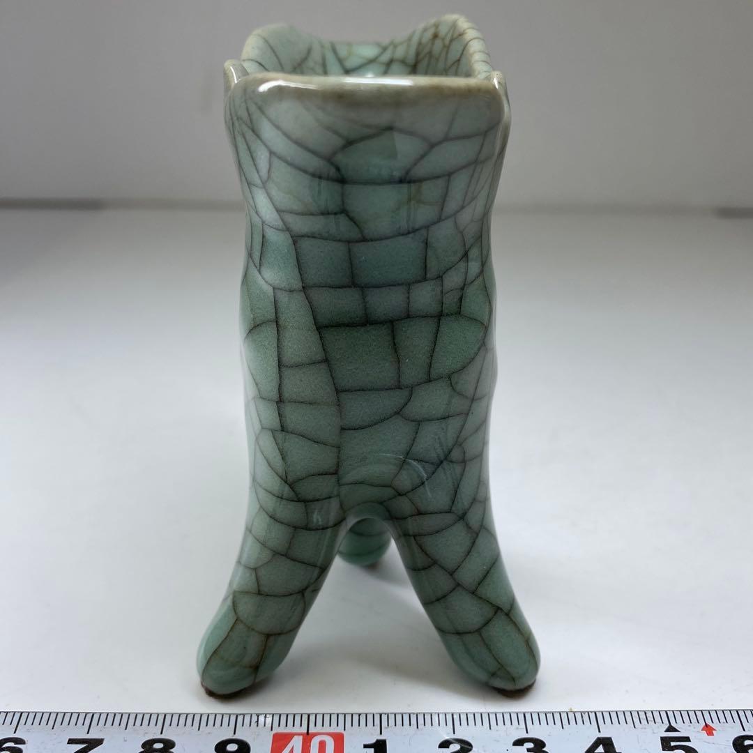 専用　中国古窯　哥窯青磁ひび焼　爵　高さ9.5㎝　東な7-0329☆2F