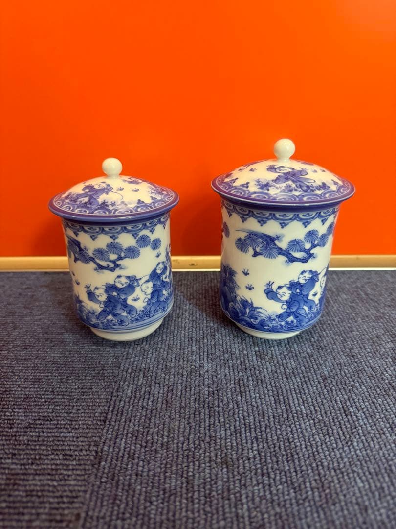 1972 三川内焼　平戸雅松作　献上唐子湯呑　2客　未使用