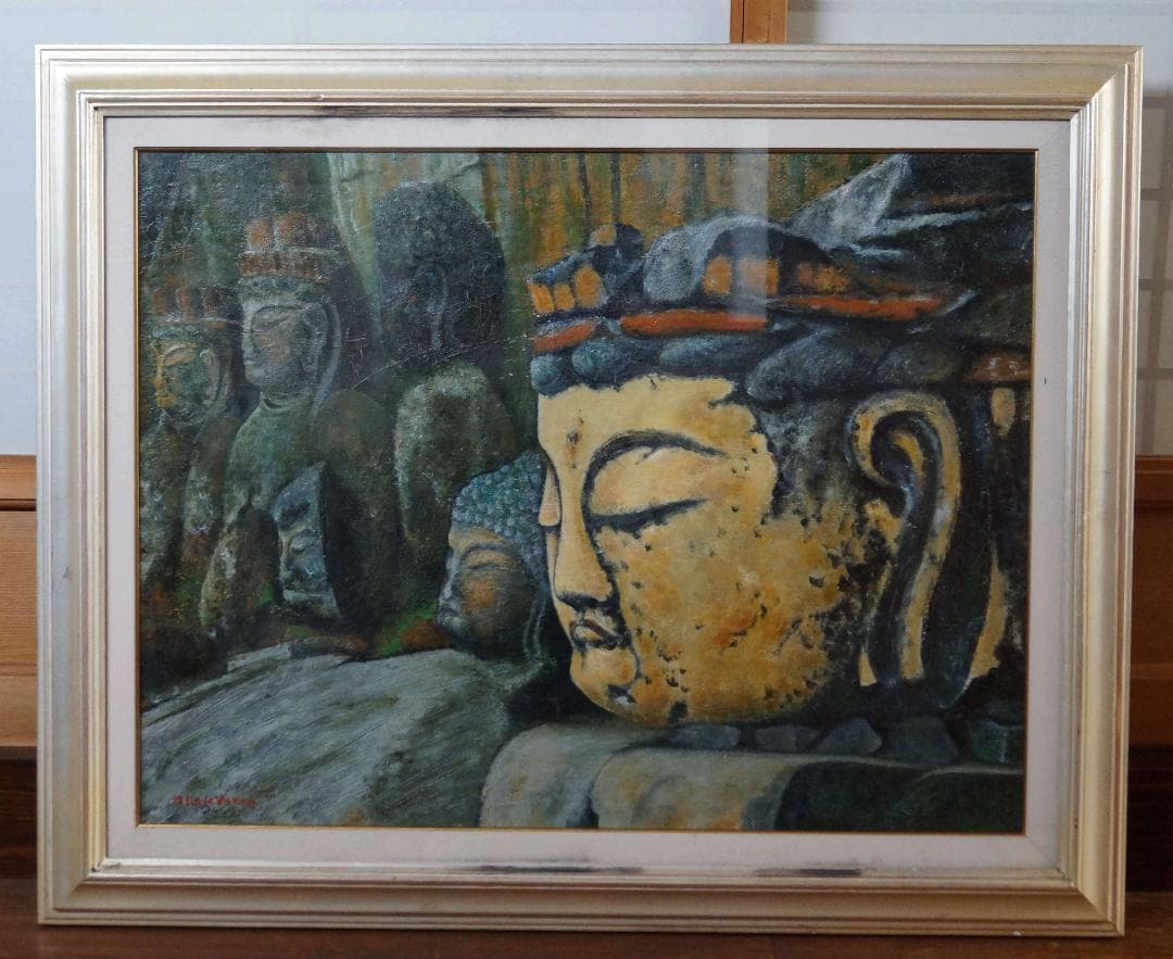 角山盛三作 油絵『臼杵の石仏』 P15油彩画 油絵木製額縁★時代物★