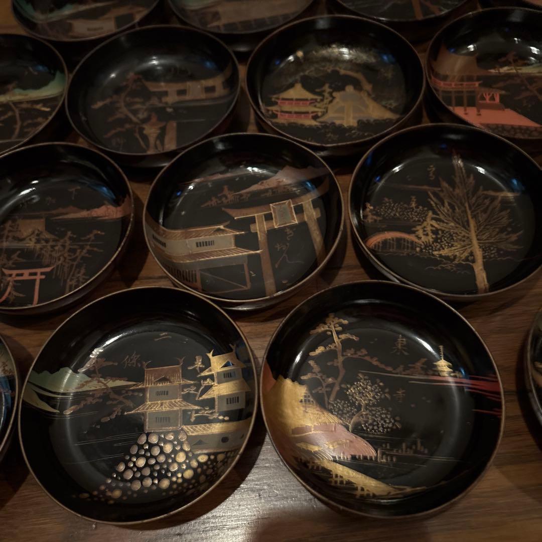 京都名所20選漆器皿二十枚セットアンティーク雅な雰囲気金蒔絵　インテリア実用使い