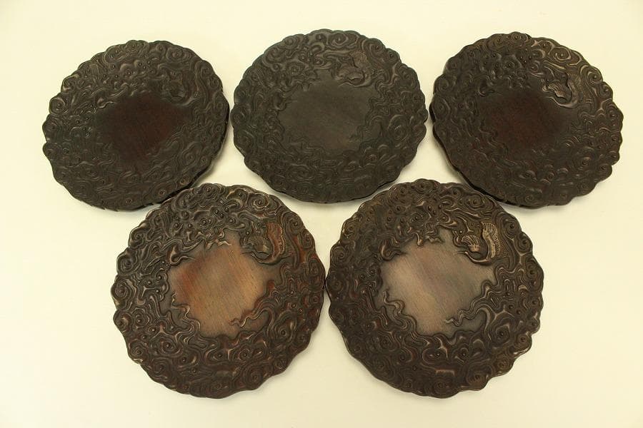 紫檀 刻 雲鶴皿 五客 細密彫刻(A758)