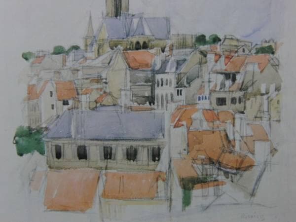 小磯良平、オーヴェル風景、希少画集画、新品高級額、額装付、状態良好