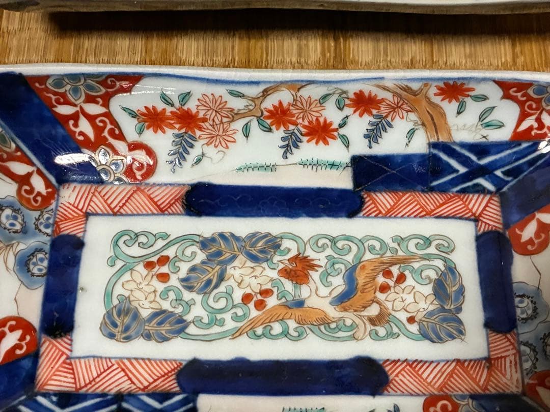 古伊万里 金彩 色絵 鳳凰紋 長皿 長方皿 二枚揃い 時代物