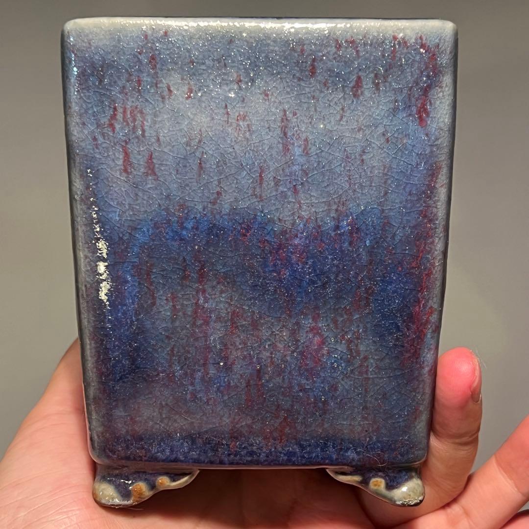 838.平安虹泉 模様紋雲足正方 盆栽鉢 植木鉢 9.8*10.1*11.8cm