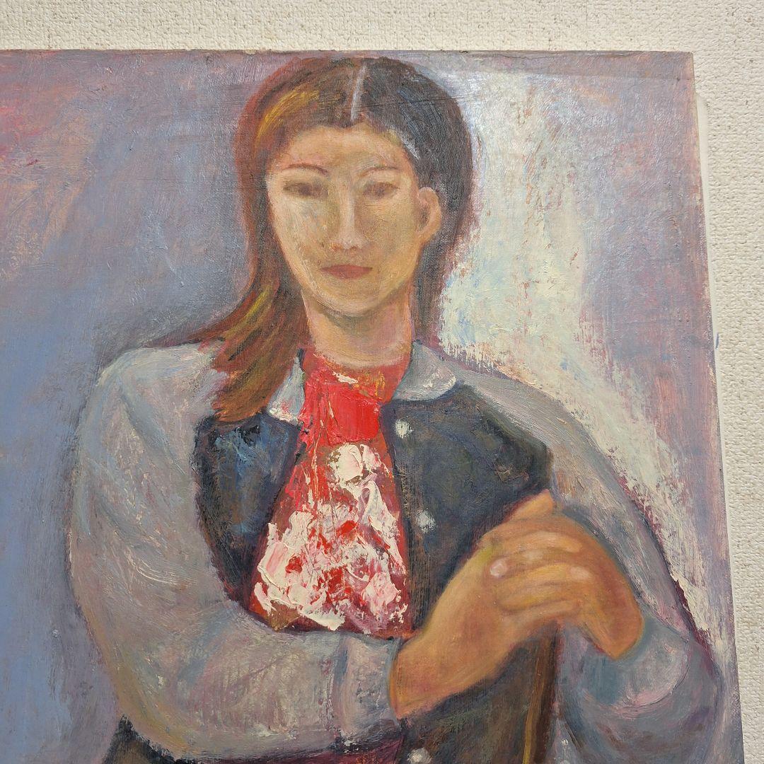 人物画　油絵　アンティーク　レトロ　赤のセーター　冬の記憶