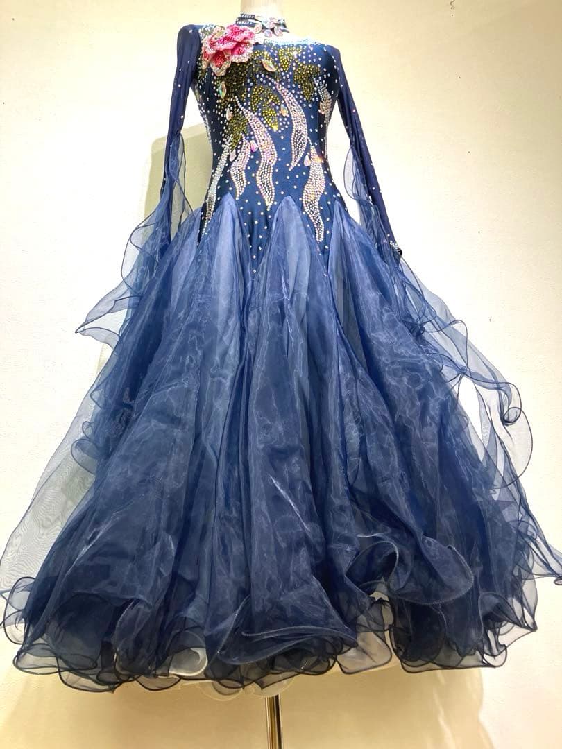 社交ダンス　スタンダードドレス　モダンドレス　　スパンコール　ネイビー　花柄