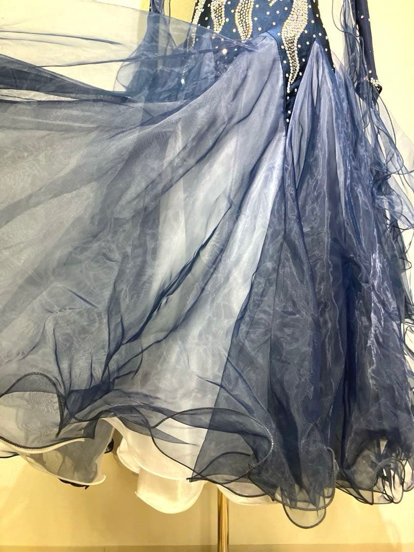 社交ダンス　スタンダードドレス　モダンドレス　　スパンコール　ネイビー　花柄