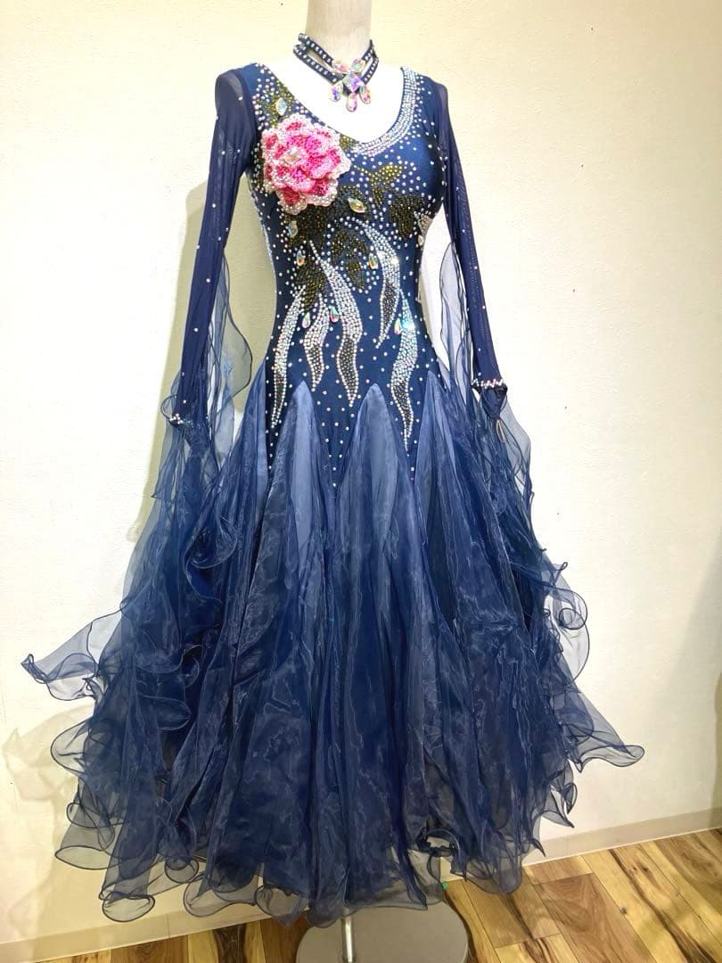 社交ダンス　スタンダードドレス　モダンドレス　　スパンコール　ネイビー　花柄
