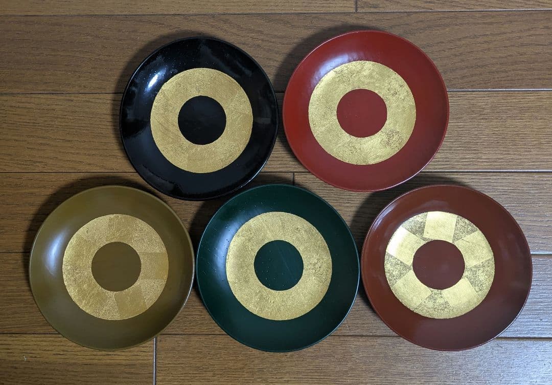 【未使用】野田行作 漆器 金箔文黒蛇の目銘々皿　5枚セット