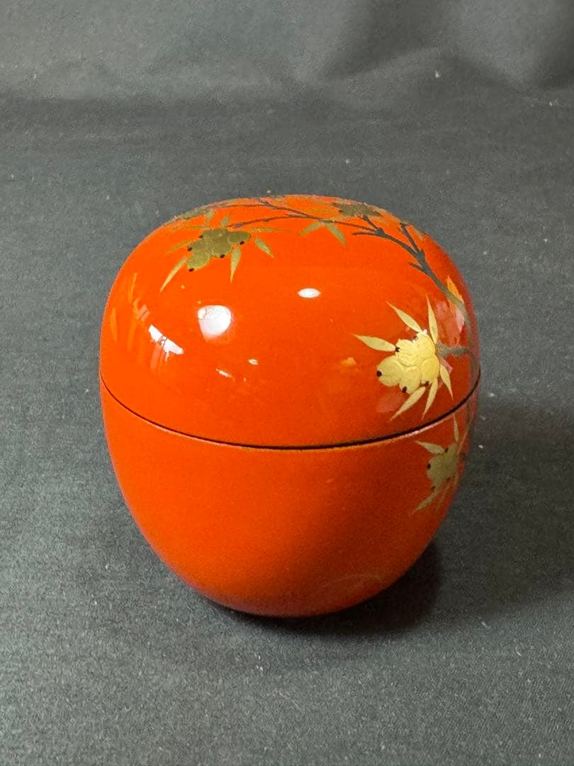 G79 送料無料　棗　井伊大老好　枇杷に鳥蒔絵　朱丸棗　茶道具　千穂造　茶道