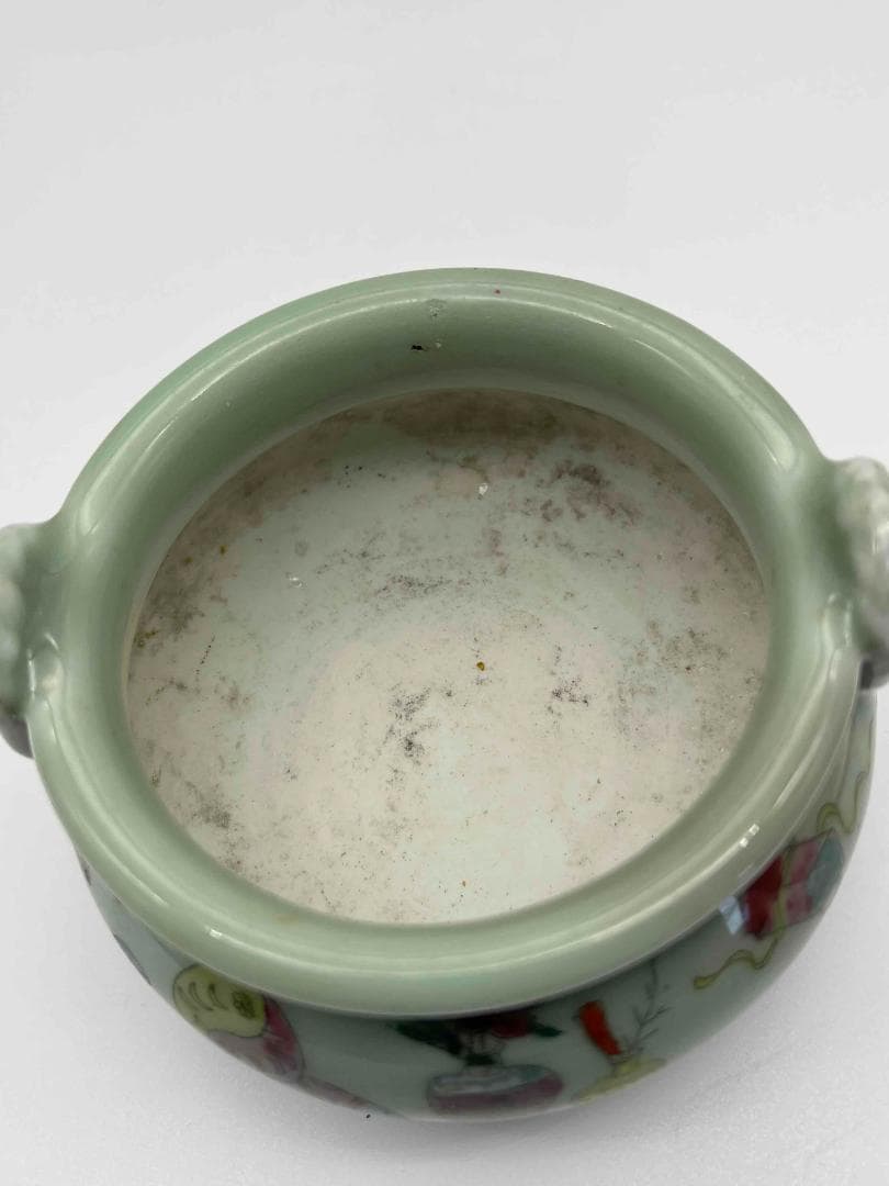 清光緒時代 豆青釉皮球花双系耳三足香炉　【旧家蔵出し】　精密繊細(E-54)