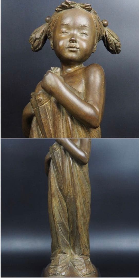 送料無料人気彫刻家加藤豊作愛らしいブロンズ彫刻少女像限定品：10/10 大理石台