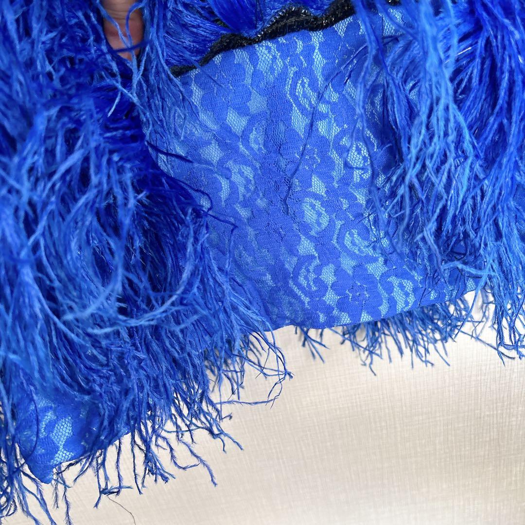 海外デザイン 社交ダンス ドレス ブルー フリンジ スパンコール レース装飾