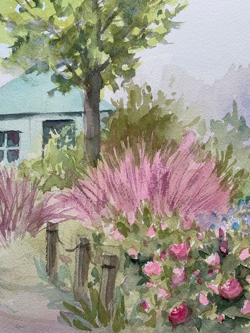 透明水彩画原画癒しのパステルカラーのイングリッシュガーデン
