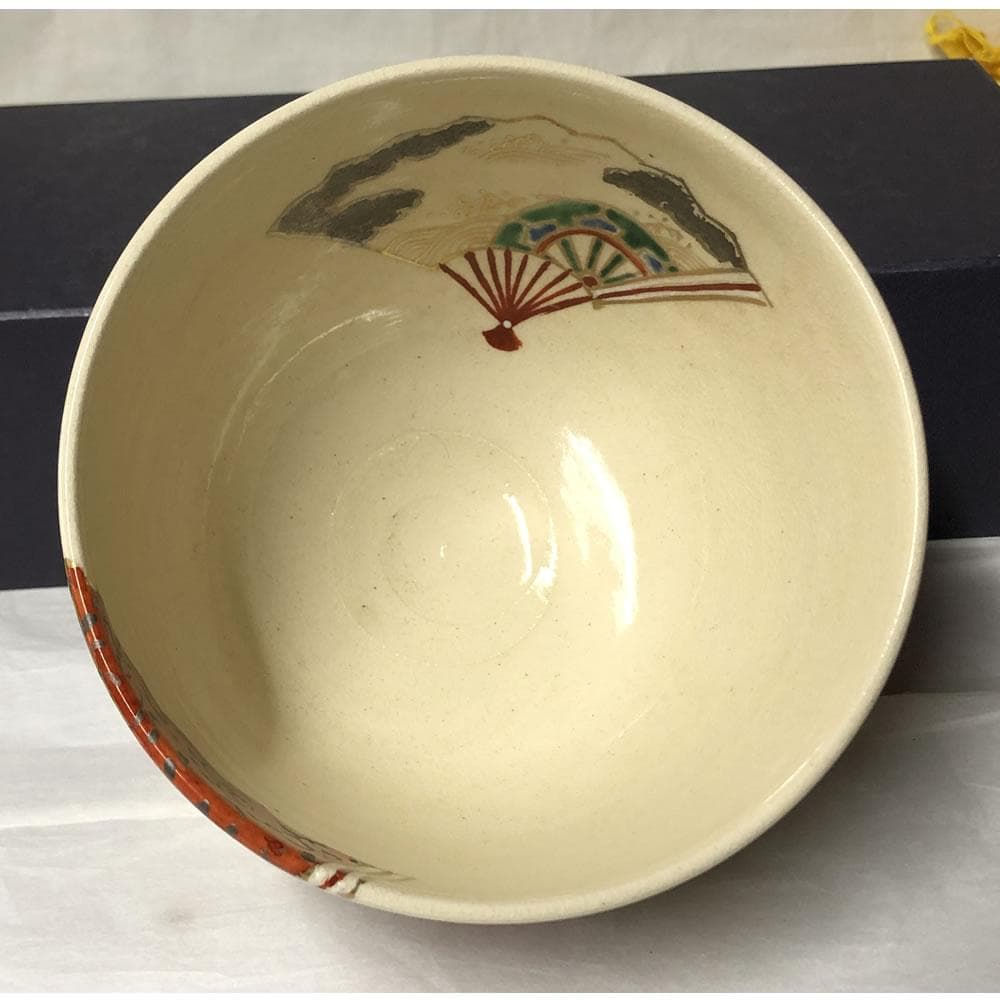 F1161 宮川香雲 色絵 扇面 茶碗 共箱 淡々斎 書付 抹茶碗 茶道具
