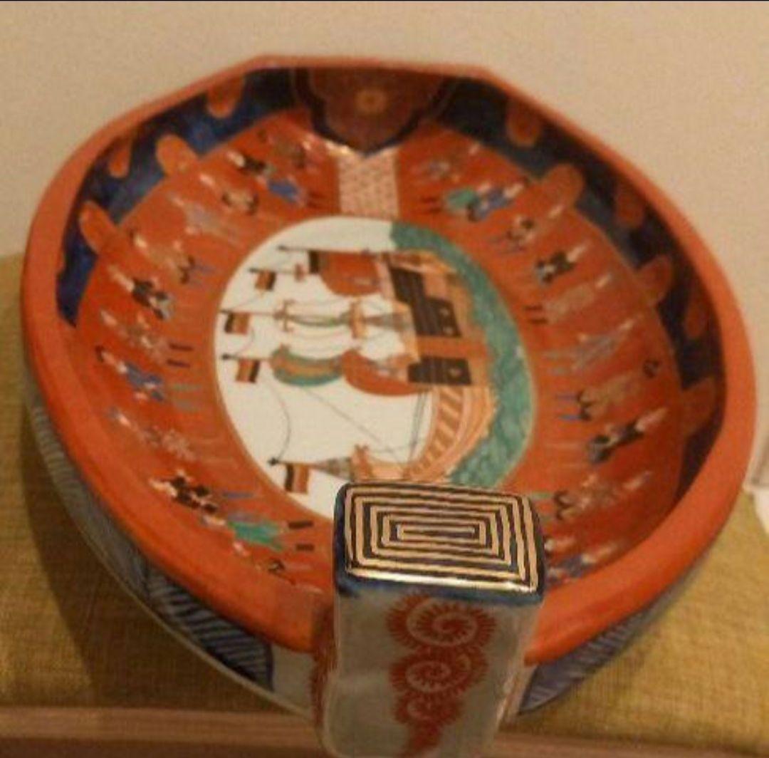 ‼️即発送‼️舟型 金彩錦絵 南蛮船‼️ 骨董 深鉢 大皿 飾り皿