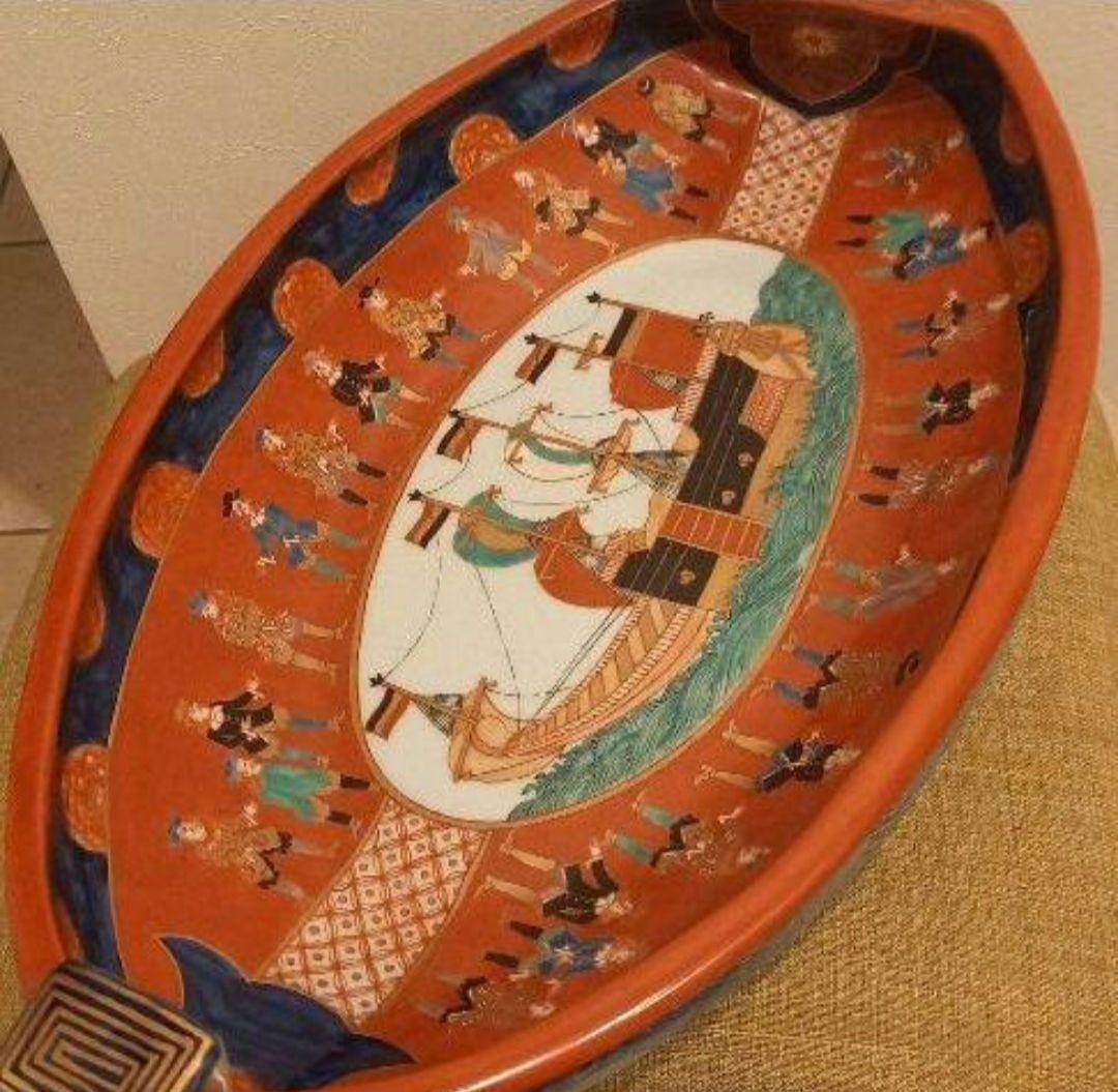 ‼️即発送‼️舟型 金彩錦絵 南蛮船‼️ 骨董 深鉢 大皿 飾り皿