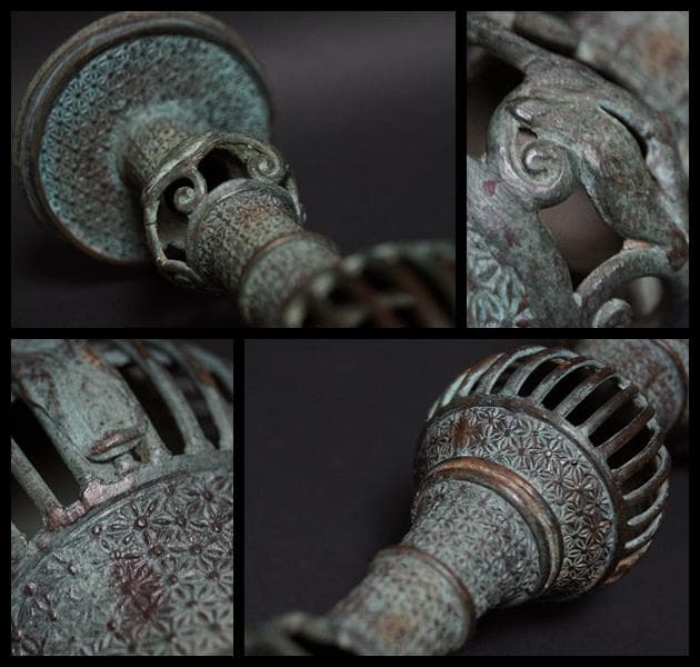 江戸期 古銅鏤空彫燭台 寺院ローソク立て 高さ44.5㎝ 重さ1kg 仏教美術