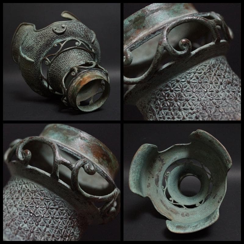 江戸期 古銅鏤空彫燭台 寺院ローソク立て 高さ44.5㎝ 重さ1kg 仏教美術