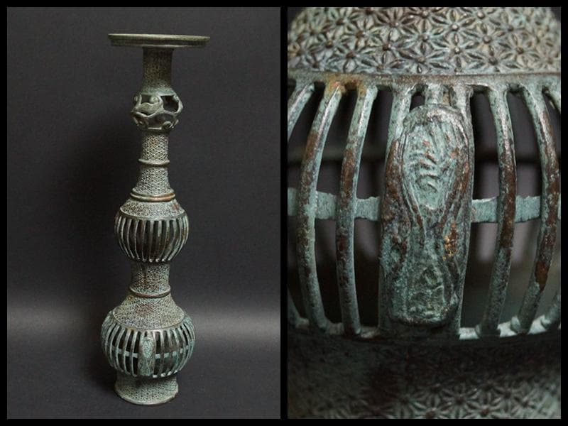 江戸期 古銅鏤空彫燭台 寺院ローソク立て 高さ44.5㎝ 重さ1kg 仏教美術