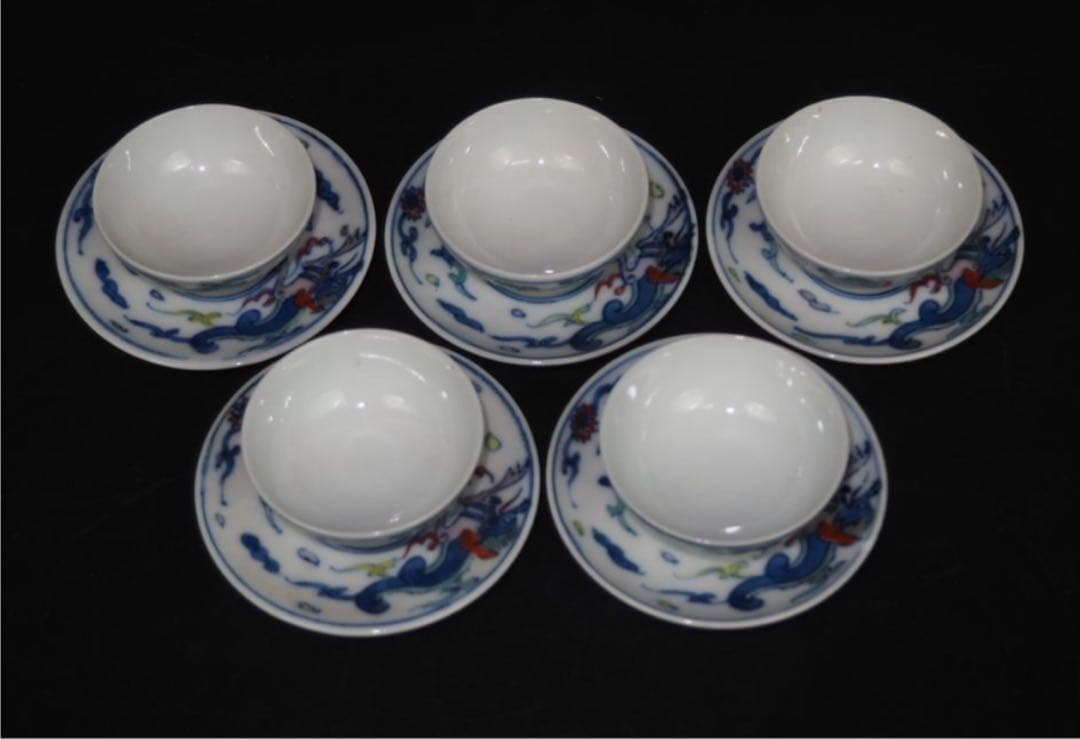 送料無料　大正～昭和初期　瑞光造　豆彩龍文煎茶碗5客