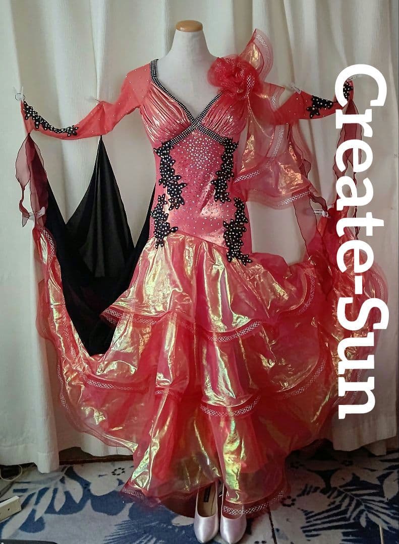 社交ダンスドレス！Create-Sunスタンダードドレス！オレンジレッド！