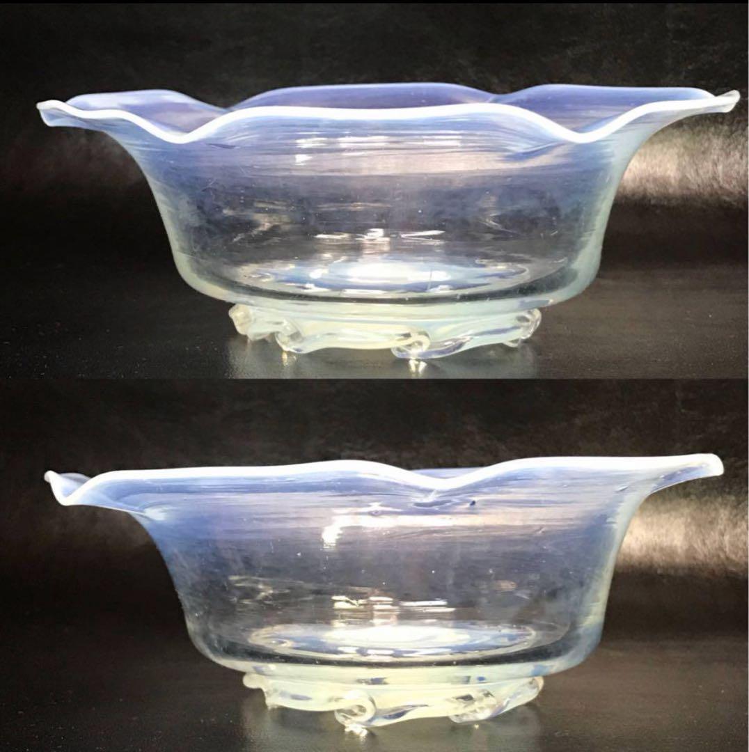 ★明治/大正ガラス！綺麗なブルーに乳白ぼかし小鉢/気泡ガラス/氷コップ/2個！★