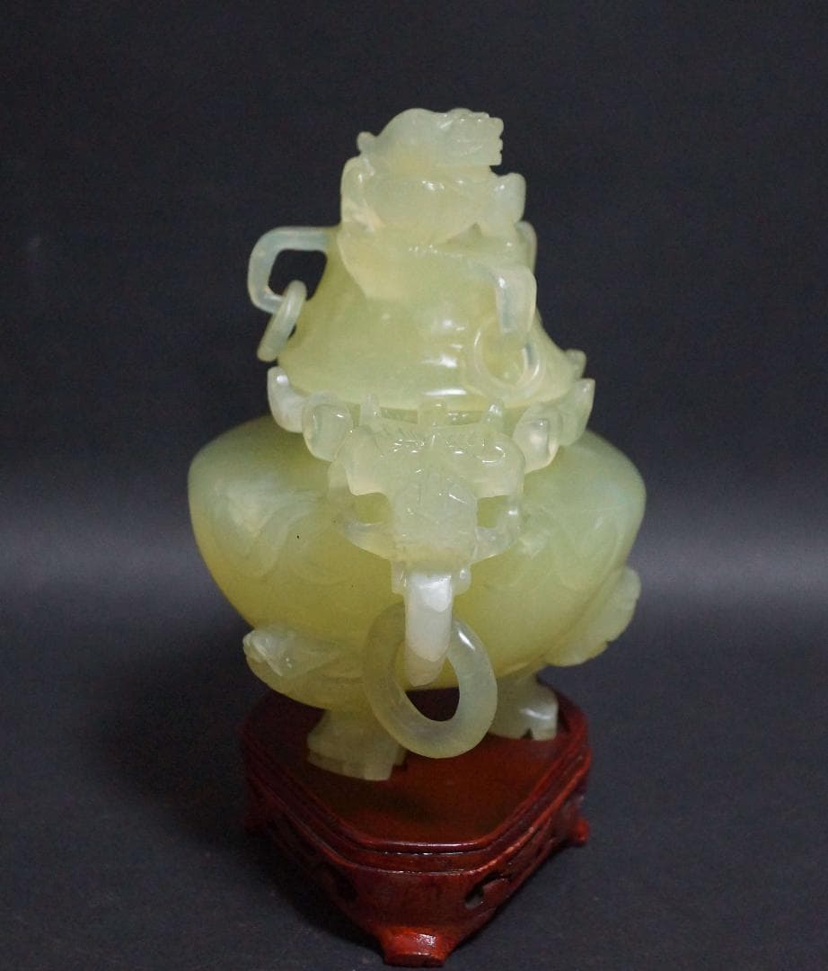 茶道具 天然玉製 細工彫り 双龍耳三足遊環香炉 龍摘香炉 玉石香炉香道具木製台付