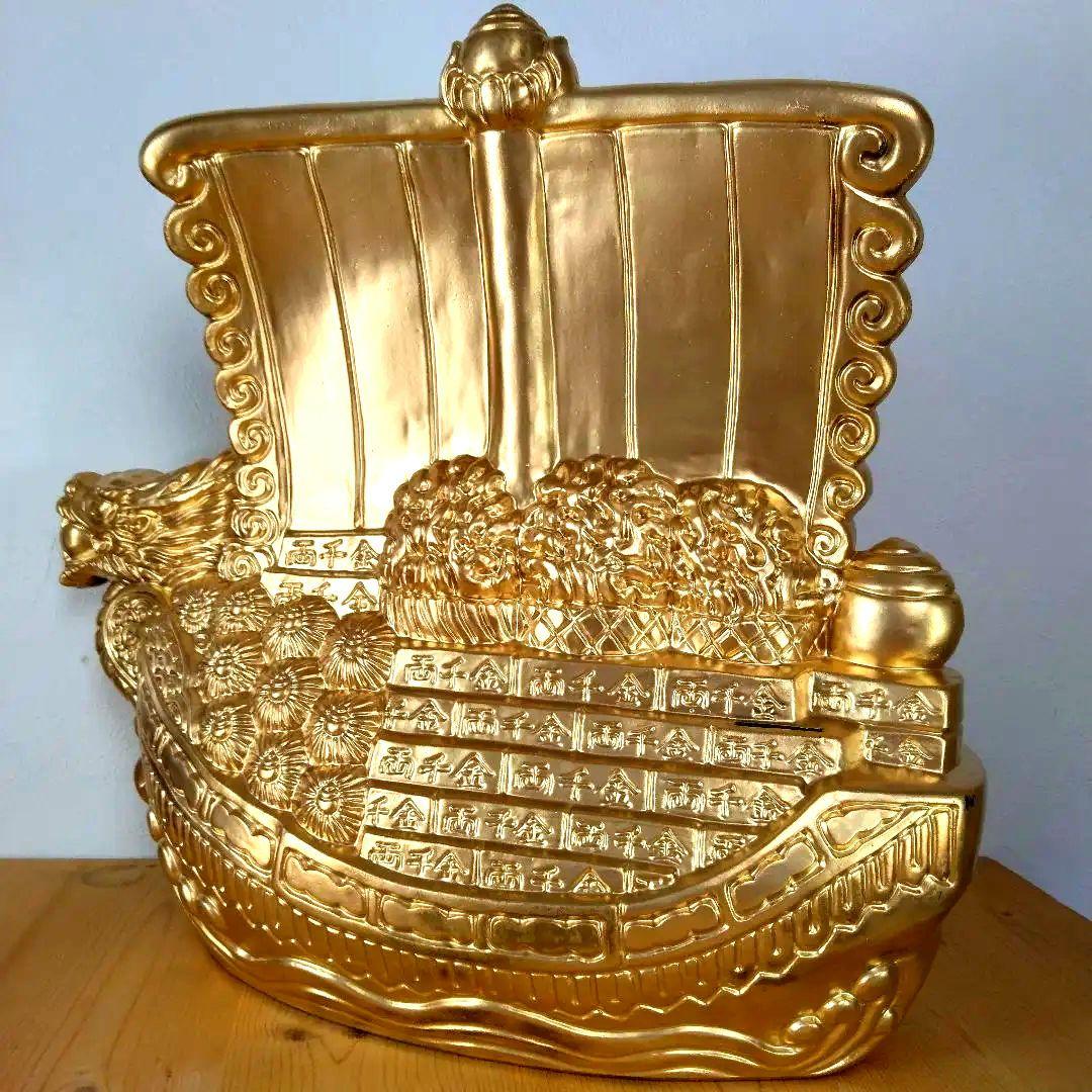 特大 金色宝船 金七福神 千両箱 開運 高43cm オブジェ 風水 陶器製