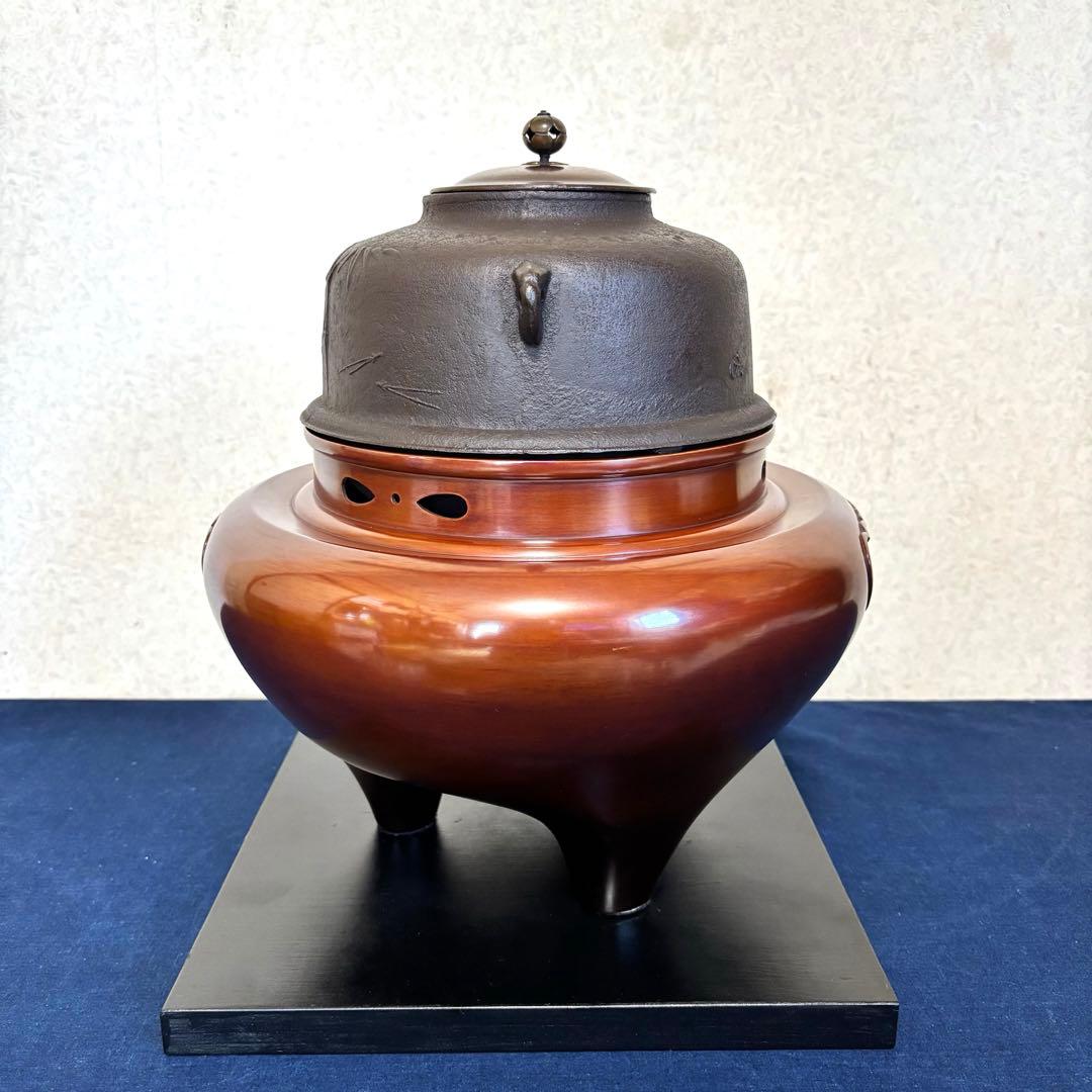 松竹梅地紋釜 風炉 茶釜 電熱器 唐銅朝鮮風炉釜 野々田製電熱器 敷板 茶道具