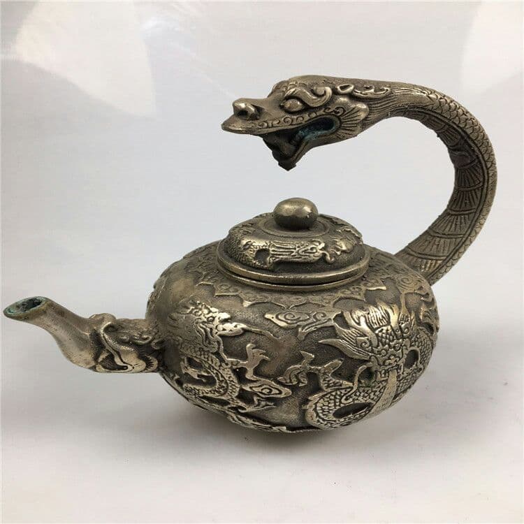 アンティーク工芸品白銅竜頭引出しポット置物 銅急須置物