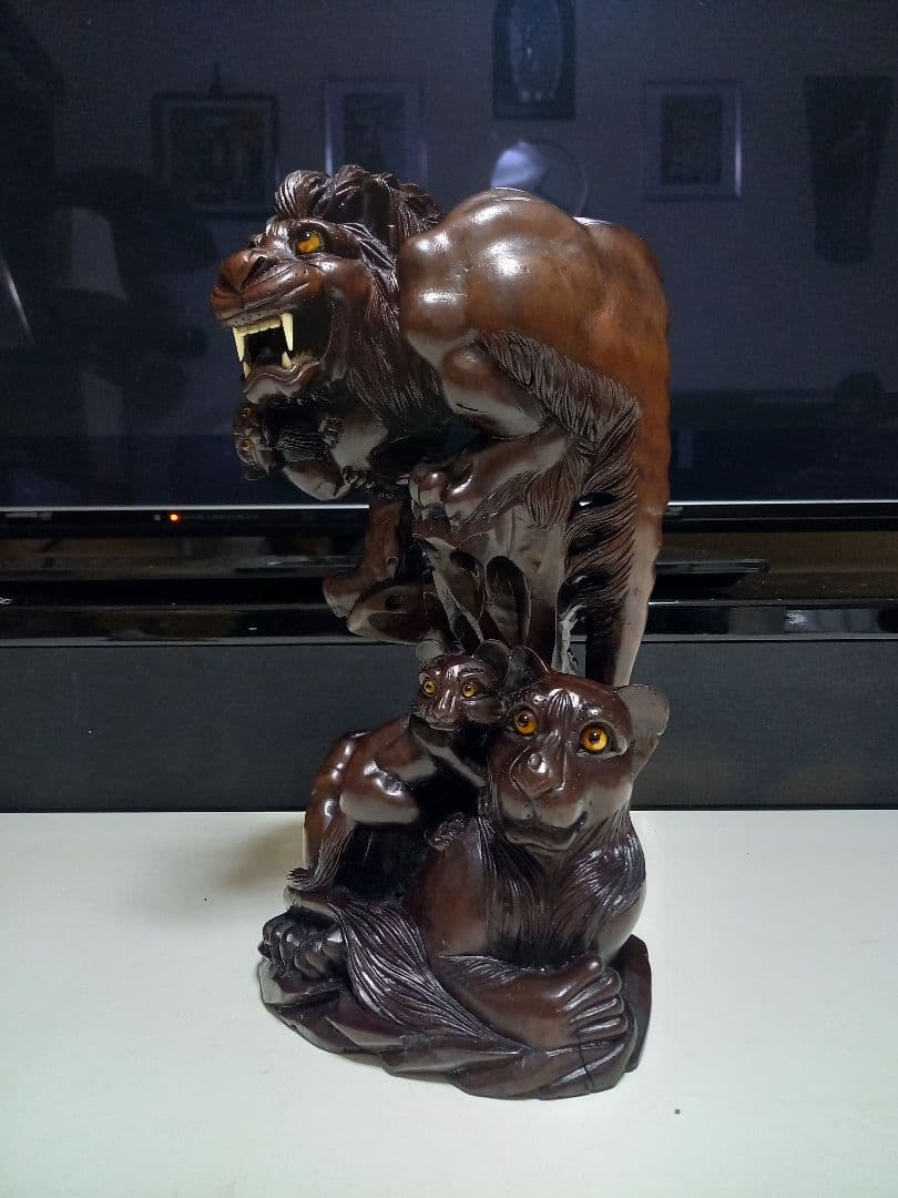 骨董　根木　唐木　無垢材　手彫り　硝子眼　唐獅子　細密　細工